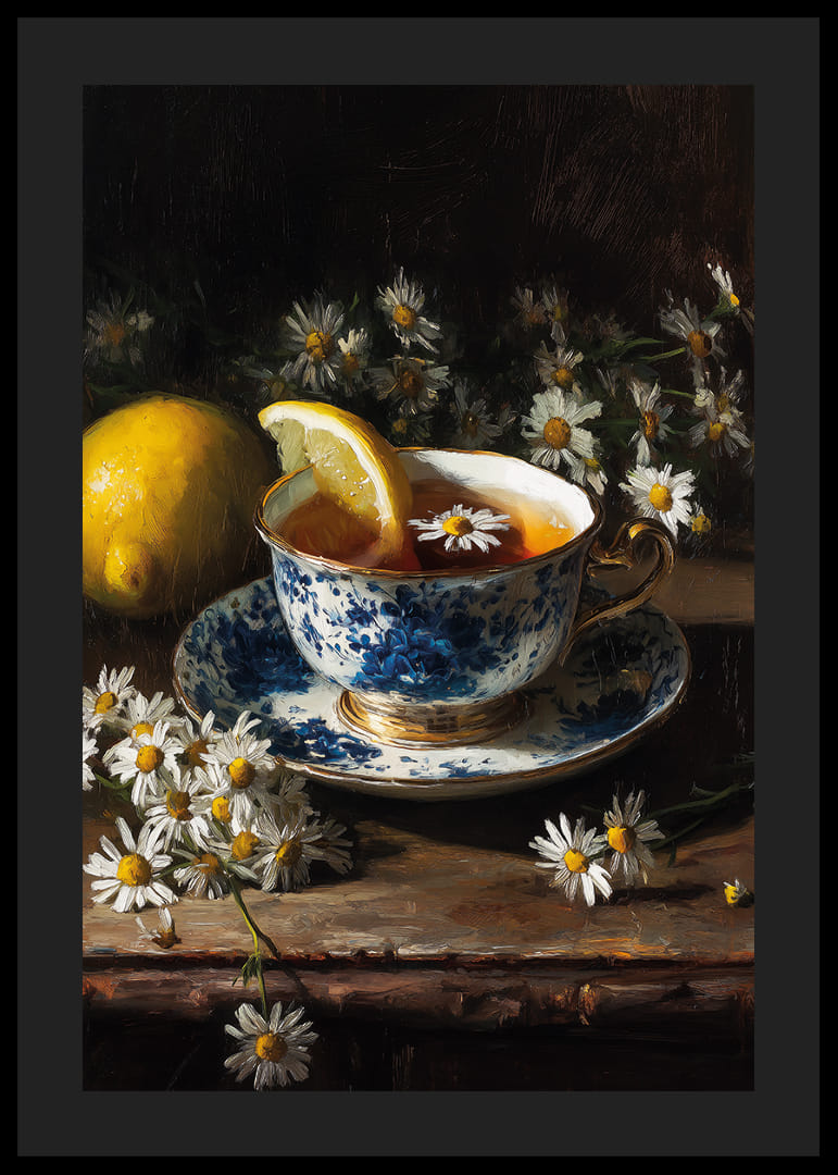 En harmonisk tekopp omgiven av kamomillblommor och citron.-12