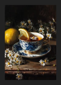 En harmonisk tekopp omgiven av kamomillblommor och citron.-5