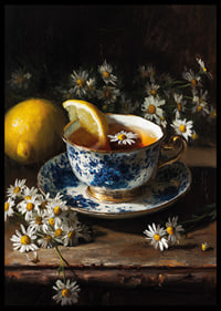 A harmonious teacup surrounded by chamomile flowers and lemon.-6