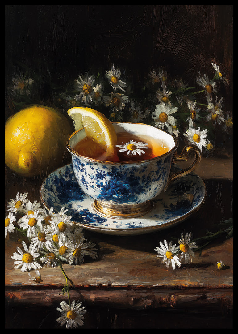A harmonious teacup surrounded by chamomile flowers and lemon.-12