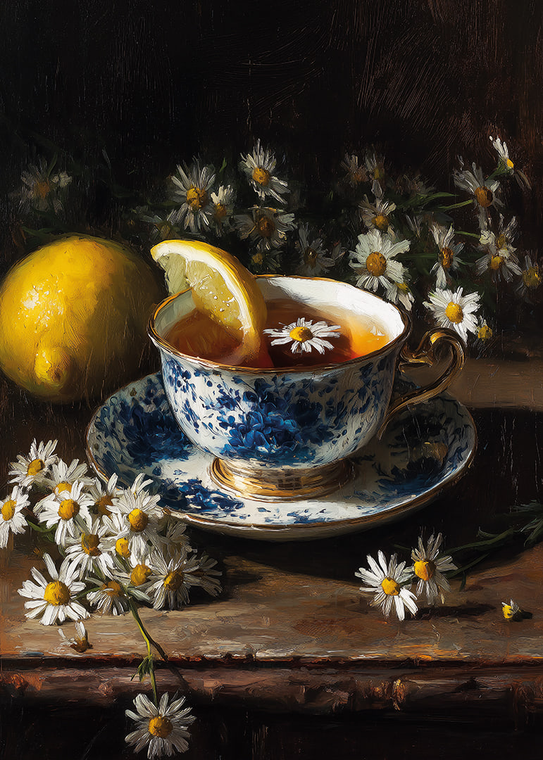A harmonious teacup surrounded by chamomile flowers and lemon.-12