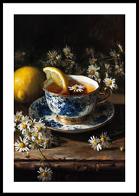 A harmonious teacup surrounded by chamomile flowers and lemon.-0