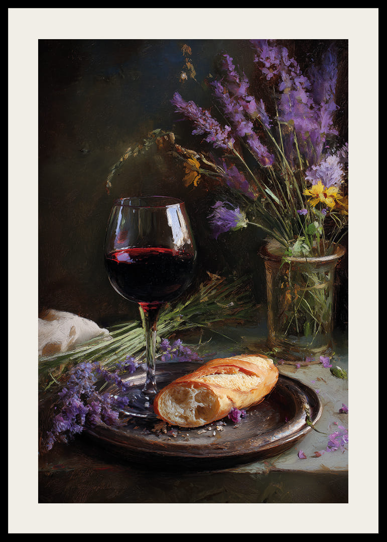 Rustikt stilleben med vin, brød og vilde blomster.-12