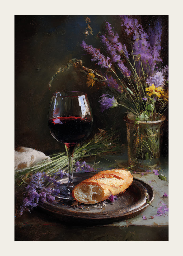 Rustikt stilleben med vin, brød og vilde blomster.-12