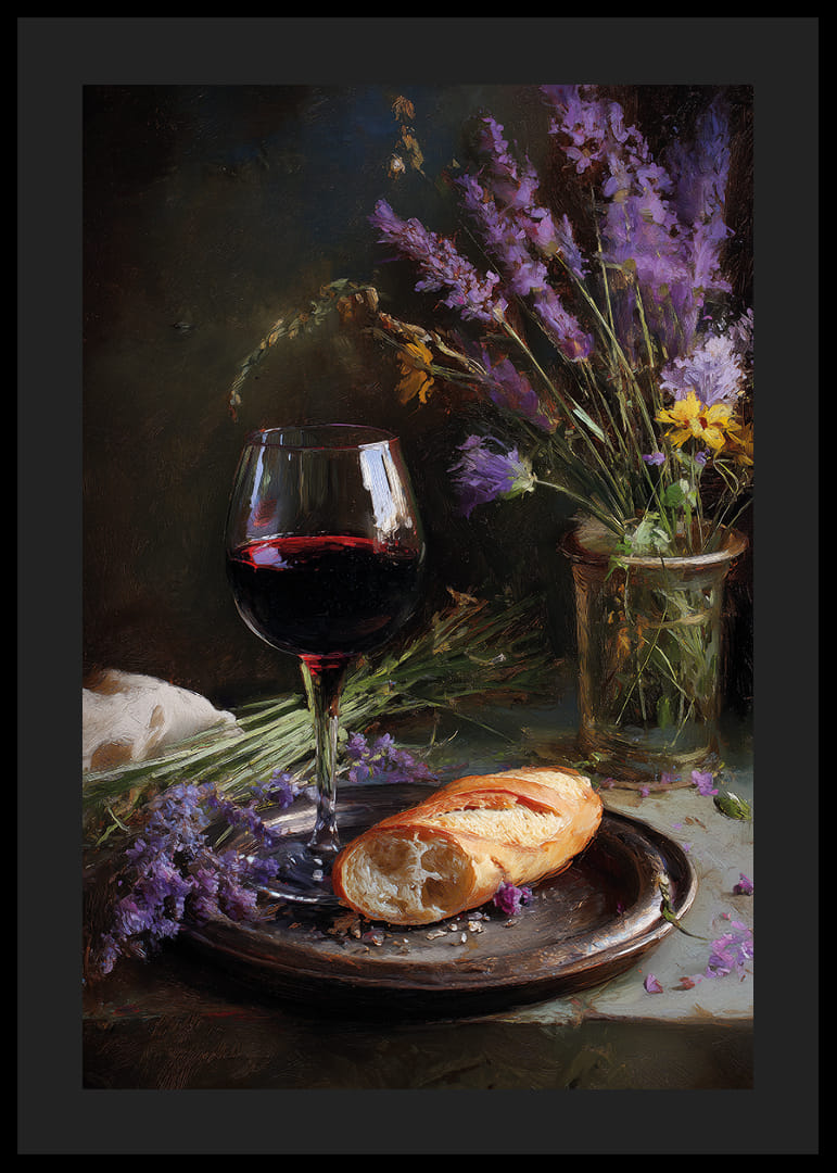 Rustikt stilleben med vin, brød og vilde blomster.-12