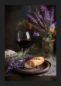 Rustikt stilleben med vin, brød og vilde blomster.-5