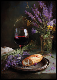 Rustikt stilleben med vin, bröd och vilda blommor.-6