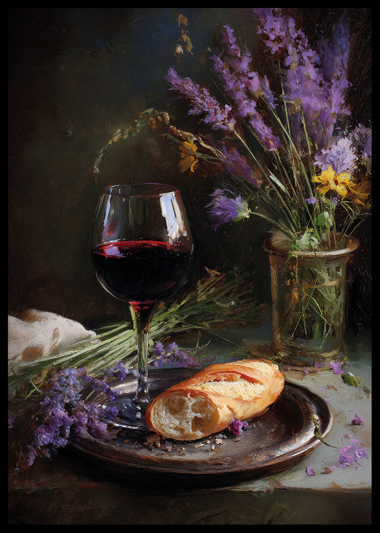 Rustikt stilleben med vin, bröd och vilda blommor.-12