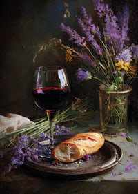 Rustikt stilleben med vin, bröd och vilda blommor.-7