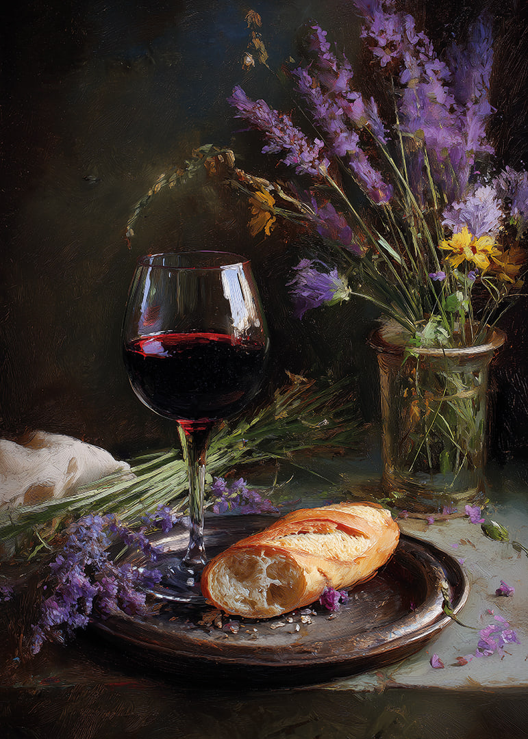Rustikt stilleben med vin, bröd och vilda blommor.-12