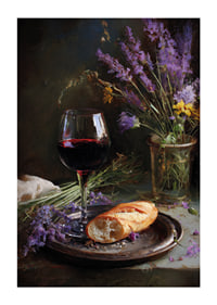 Rustikt stilleben med vin, bröd och vilda blommor.-1