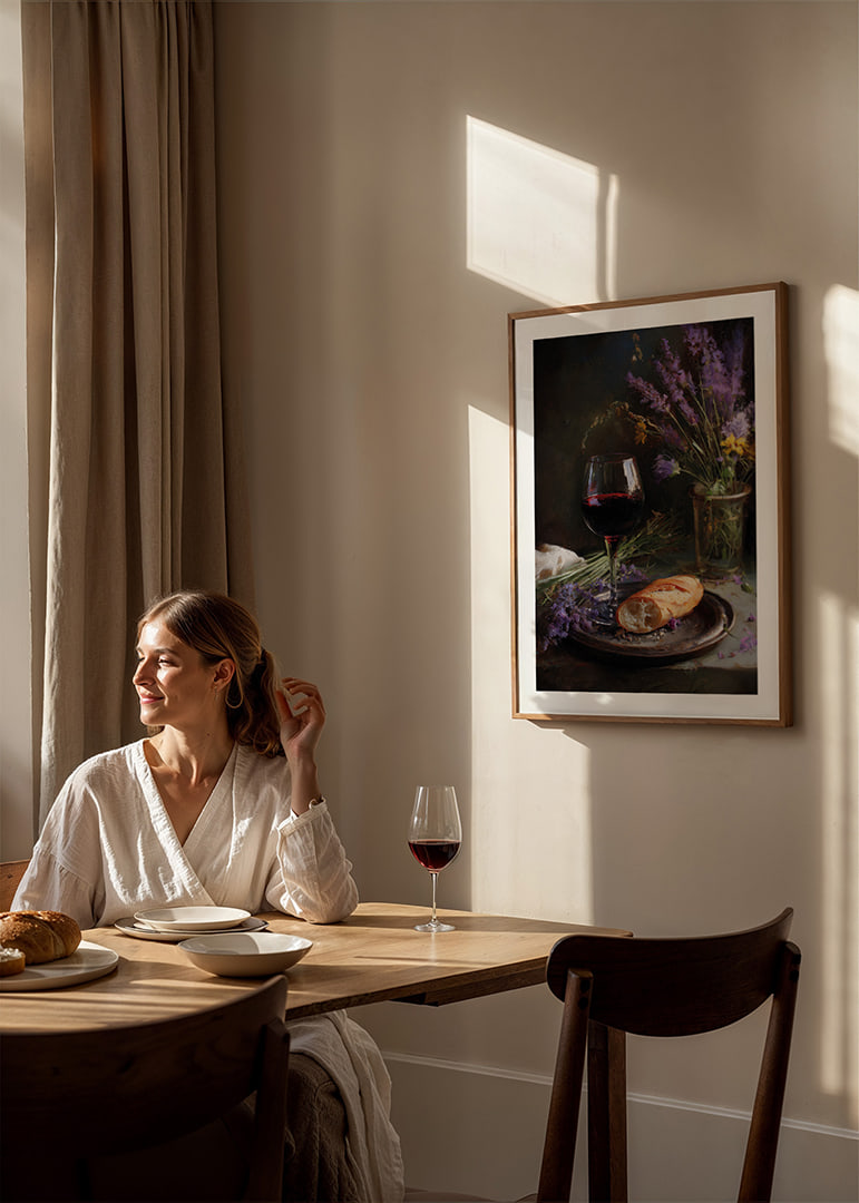 Rustikt stilleben med vin, bröd och vilda blommor.-12