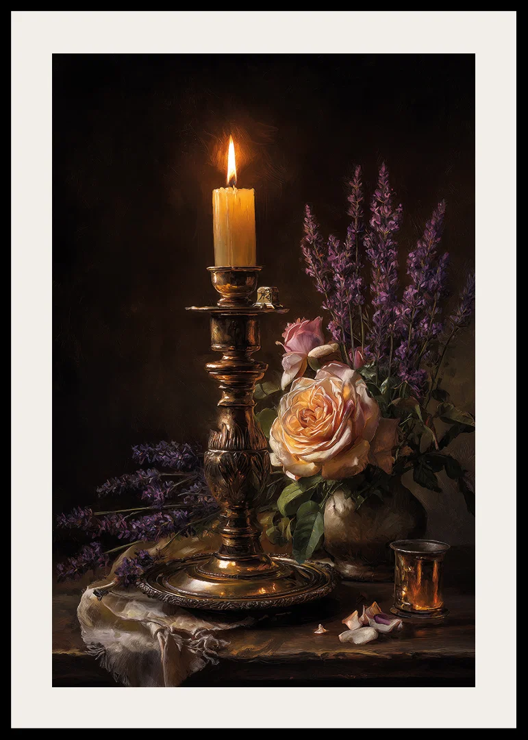 The glow of light dances over flowers and golden tones.-12