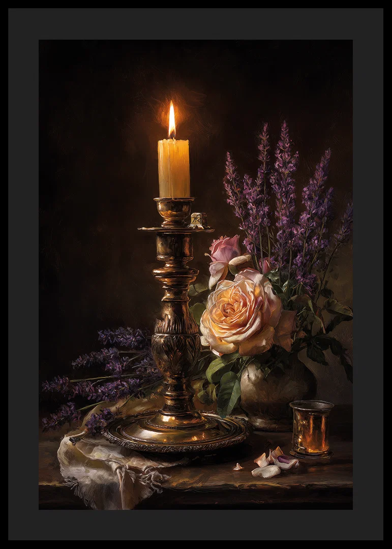 The glow of light dances over flowers and golden tones.-12