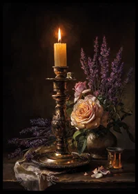 The glow of light dances over flowers and golden tones.-6