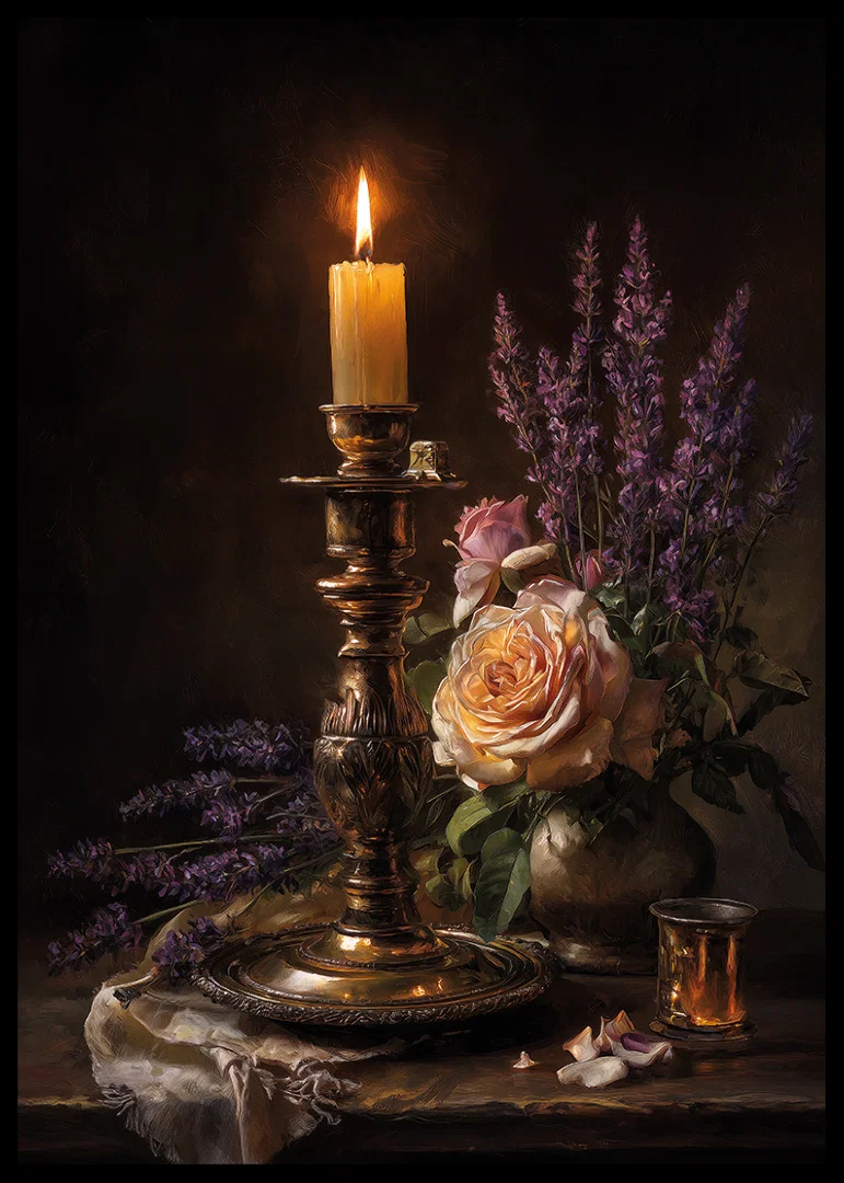 The glow of light dances over flowers and golden tones.-12
