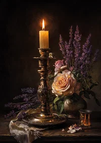 The glow of light dances over flowers and golden tones.-7