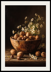 Mysigt stilleben med nötter och blommor i varm träskål.-2