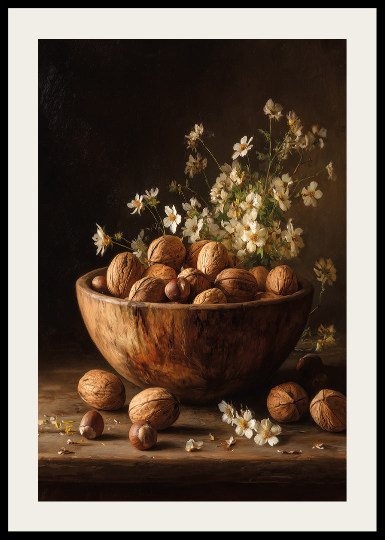 Mysigt stilleben med nötter och blommor i varm träskål.-12
