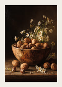 Hyggeligt stilleben med nødder og blomster i en varm træskål.-3