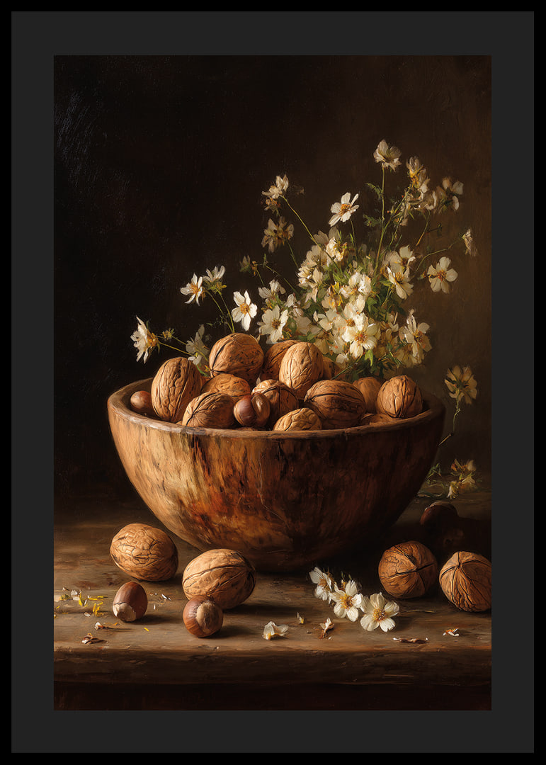 Mysigt stilleben med nötter och blommor i varm träskål.-12