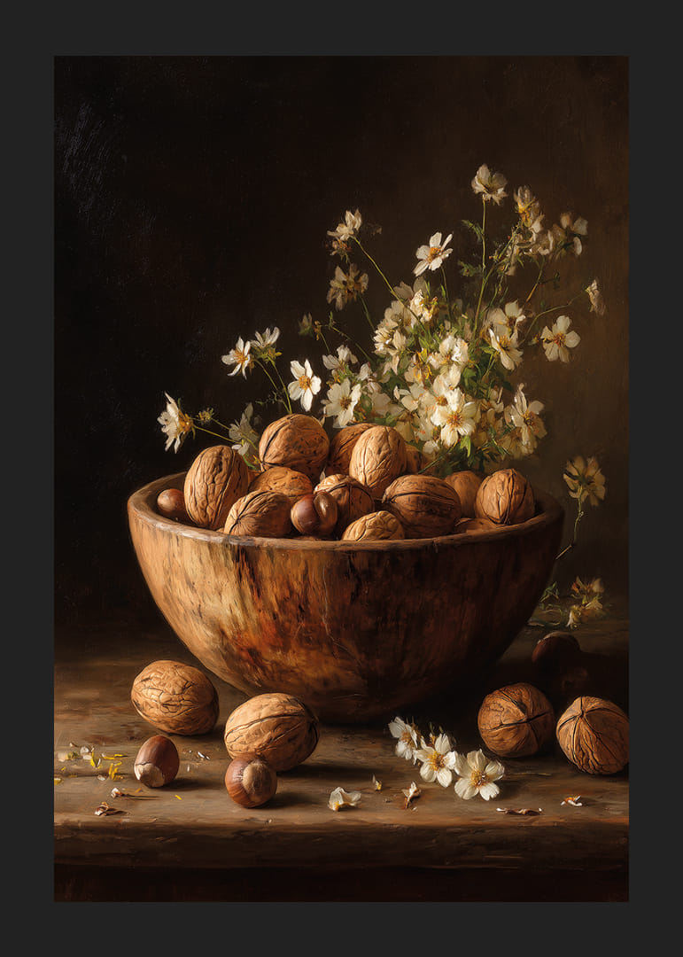 Hyggeligt stilleben med nødder og blomster i en varm træskål.-12