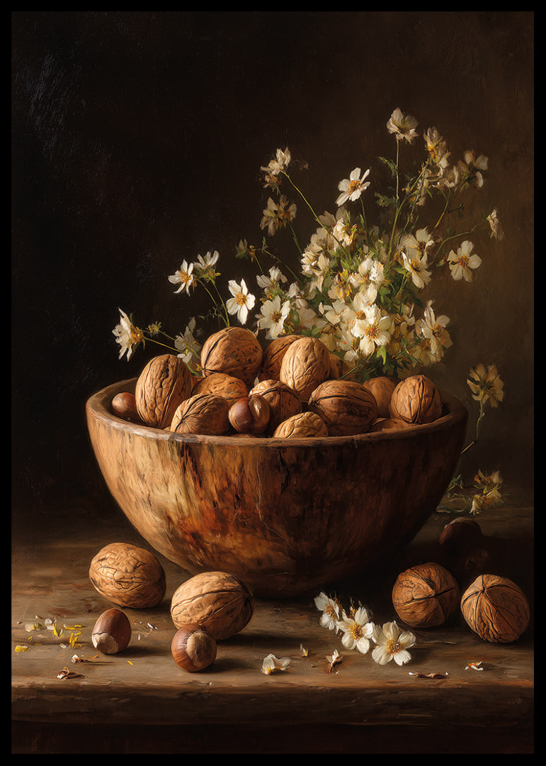 Mysigt stilleben med nötter och blommor i varm träskål.-12