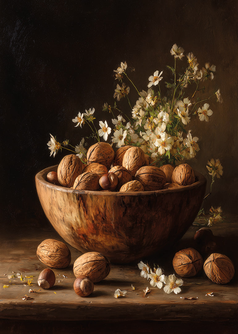Mysigt stilleben med nötter och blommor i varm träskål.-12