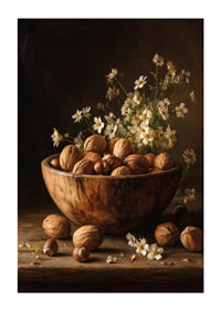 Mysigt stilleben med nötter och blommor i varm träskål.-1