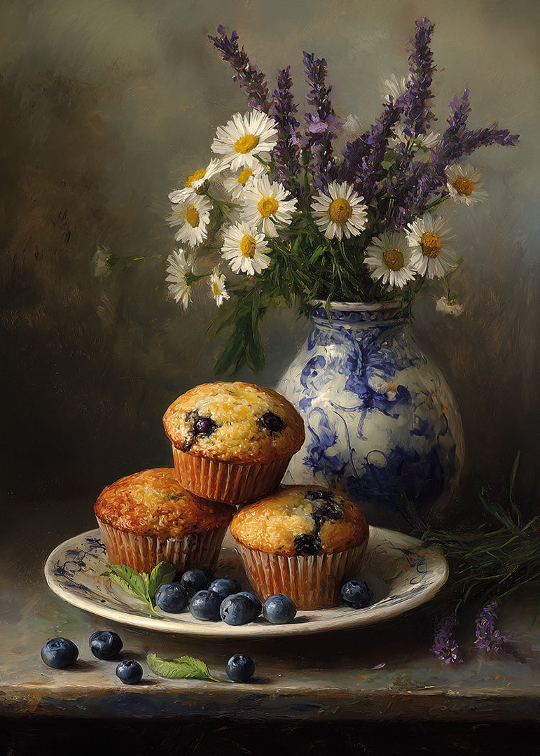 Blaubeermuffins und Blumen sorgen für rustikalen Charme und Ruhe.-12