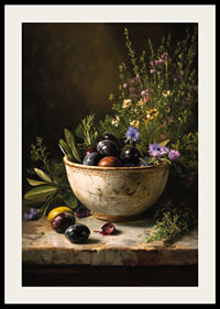 A rustic bowl full of colorful olives and flowers.-2