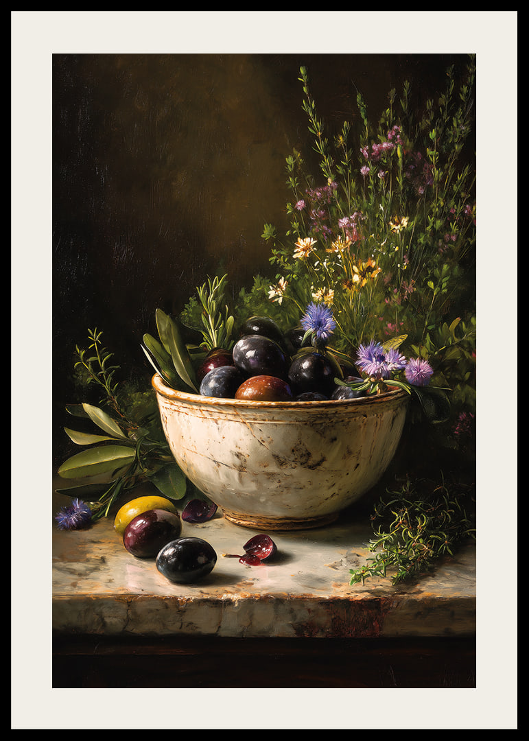A rustic bowl full of colorful olives and flowers.-12