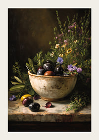 A rustic bowl full of colorful olives and flowers.-3