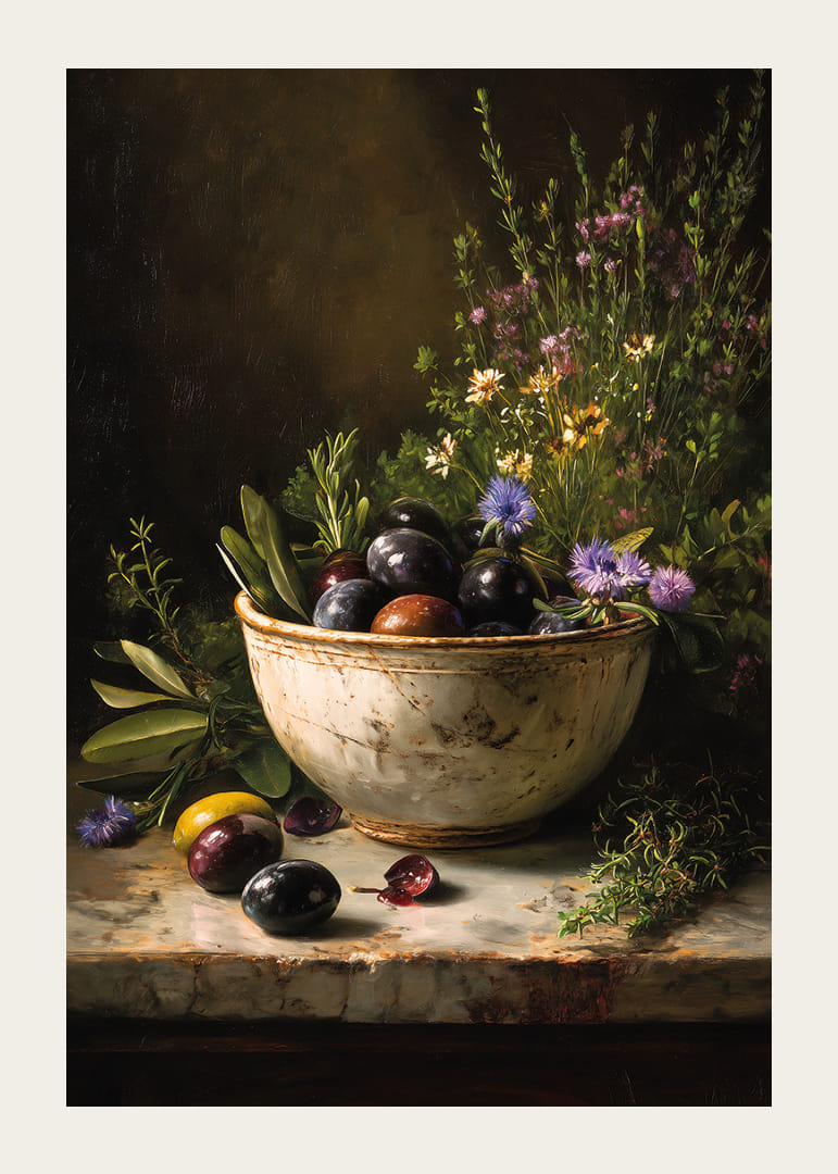 En rustik skål fuld af farverige oliven og blomster.-12