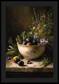 A rustic bowl full of colorful olives and flowers.-4