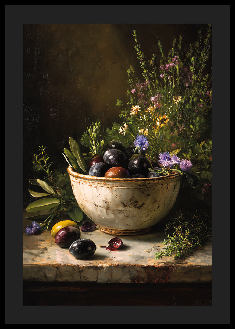 A rustic bowl full of colorful olives and flowers.-12