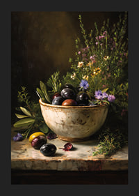 A rustic bowl full of colorful olives and flowers.-5