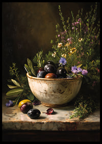 A rustic bowl full of colorful olives and flowers.-6