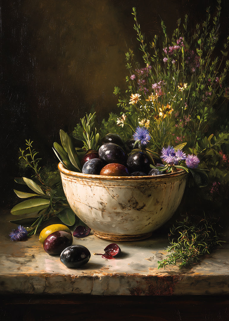 A rustic bowl full of colorful olives and flowers.-12