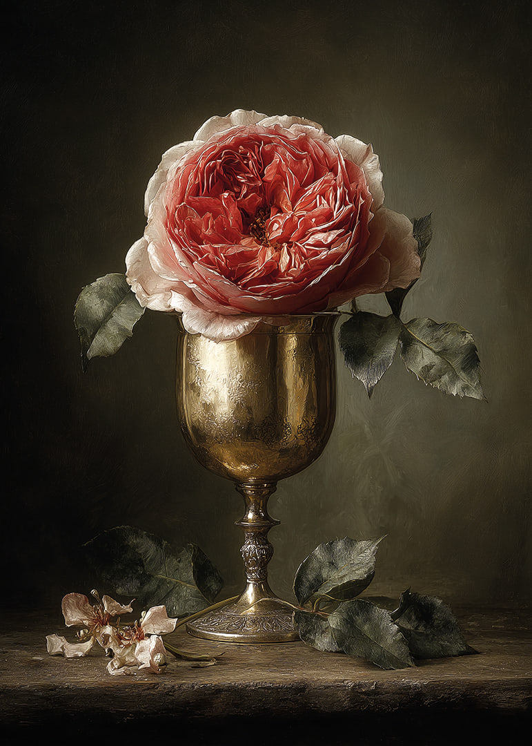 A rose in an antique goblet exudes timeless beauty.-12