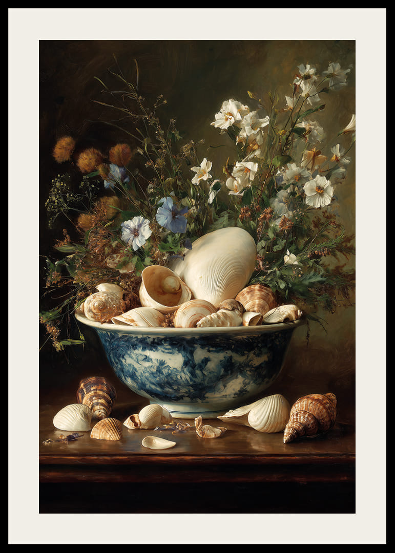 Een schaal met schelpen tussen bloemen brengt rust en elegantie.-12