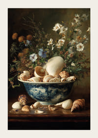 Een schaal met schelpen tussen bloemen brengt rust en elegantie.-3