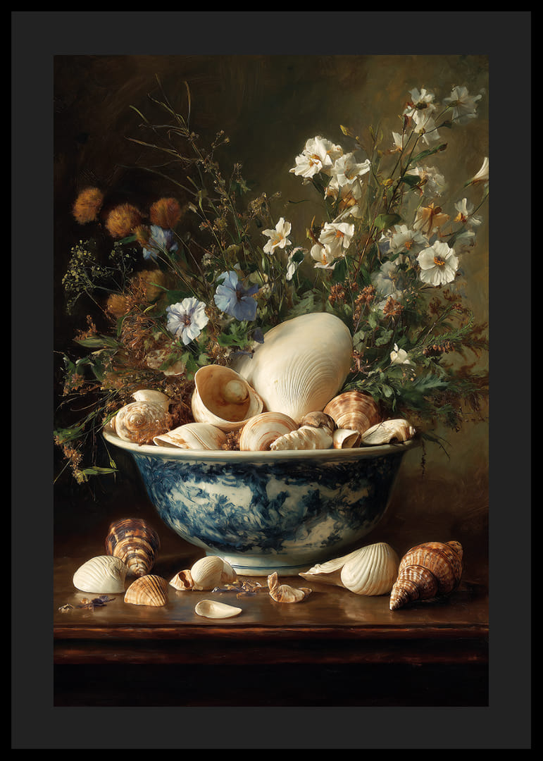 Een schaal met schelpen tussen bloemen brengt rust en elegantie.-12
