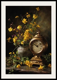 A golden clock surrounded by elegant yellow flowers.-2