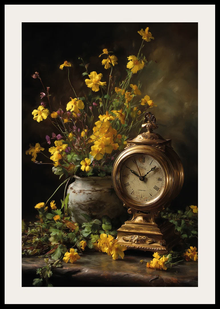 A golden clock surrounded by elegant yellow flowers.-12