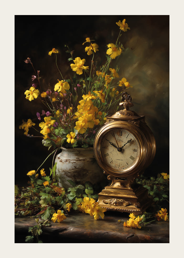 Une horloge dorée entourée d'élégantes fleurs jaunes.-12