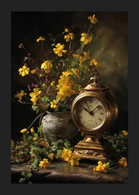 A golden clock surrounded by elegant yellow flowers.-5
