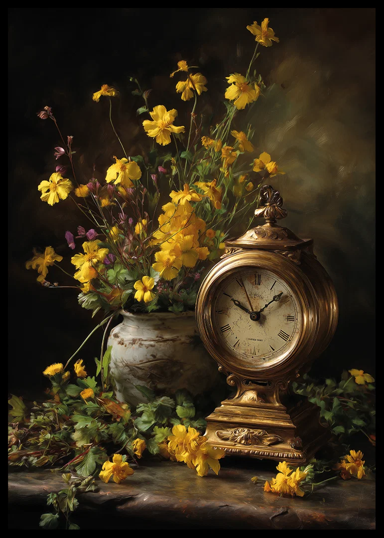 A golden clock surrounded by elegant yellow flowers.-12
