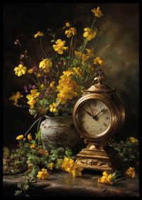 Une horloge dorée entourée d'élégantes fleurs jaunes.-2