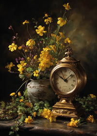 Un orologio dorato circondato da eleganti fiori gialli.-7